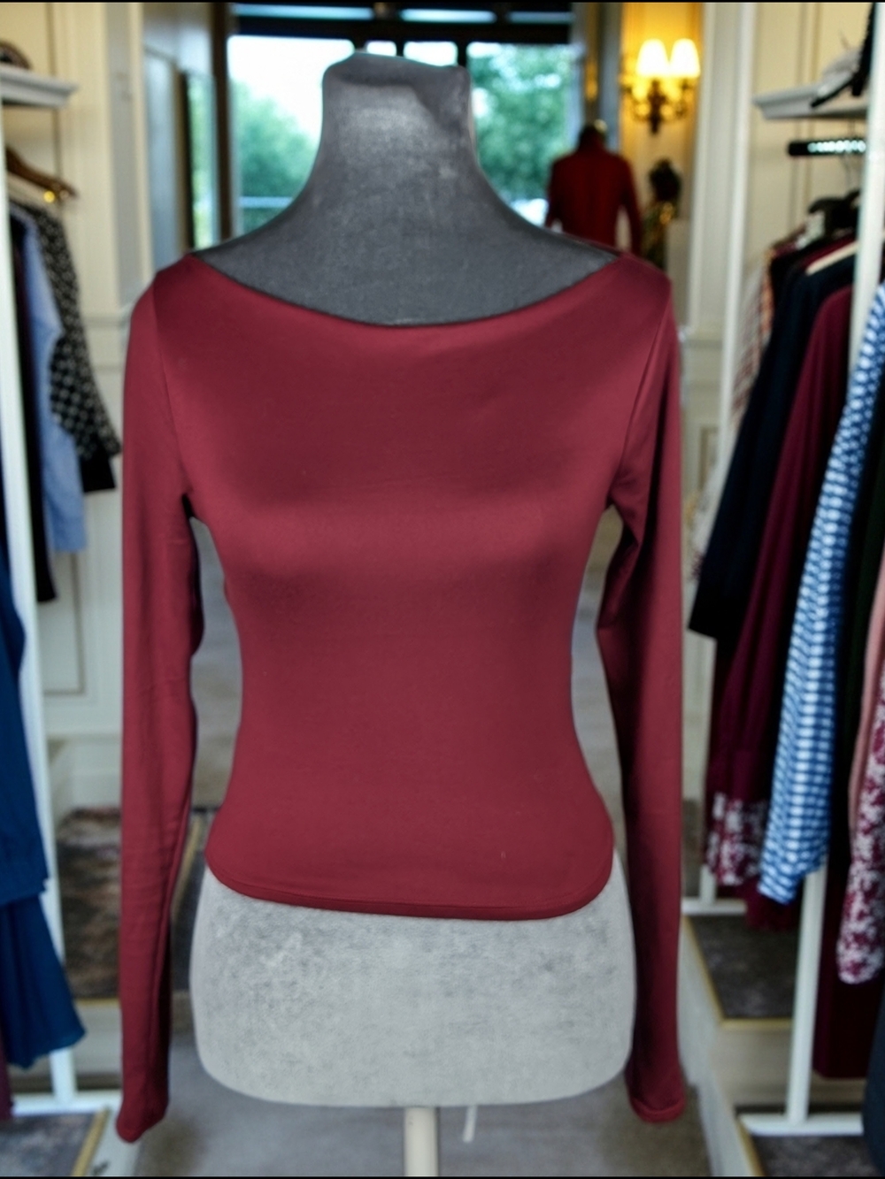 Live in the moment Women's Burgundy Boat‎ Neck Long Sleeve Blouse Size S